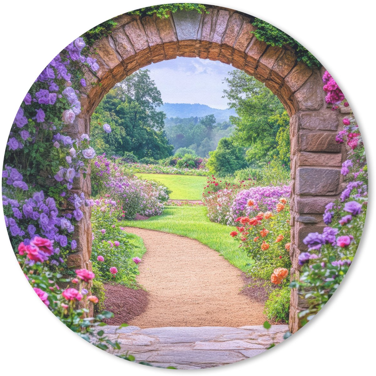 Muismat rond 20x20 cm - Mousepad Doorkijk - Poort - Bloemen - Tuin - Ronde muismatten