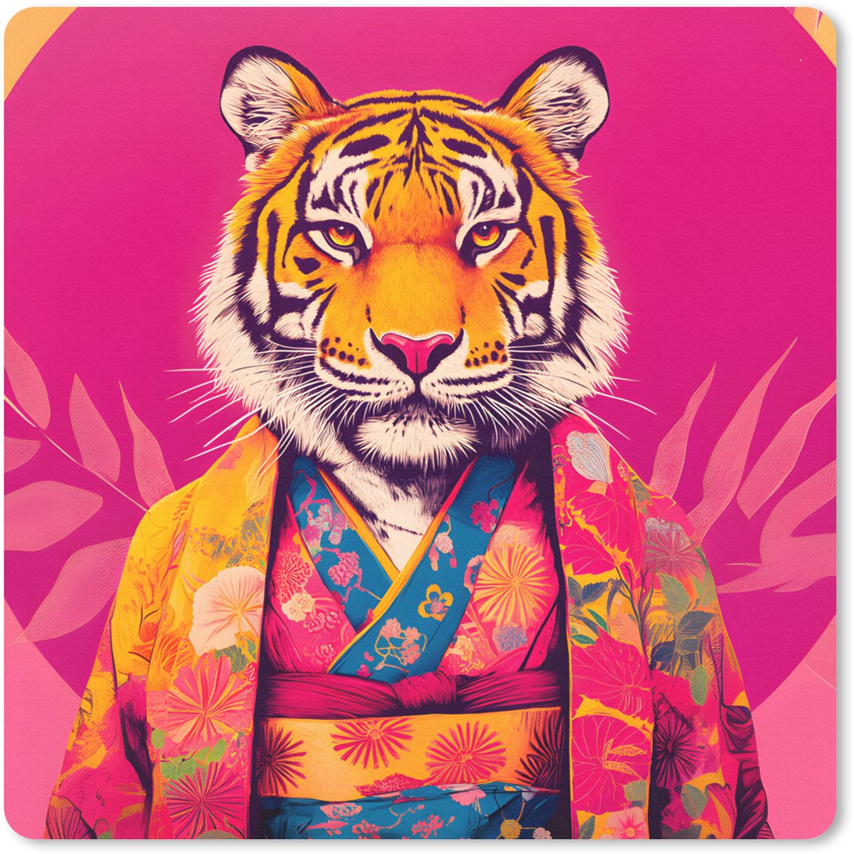 Muismat 30x30 cm - Mousepad Tijger - Kimono - Planten - Roze - Muismatten