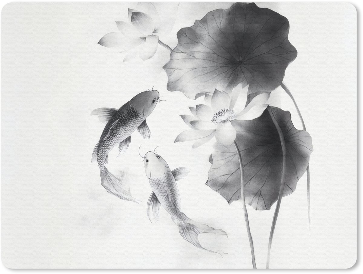 Muismat 23x19 cm - Mousepad Lotusbloemen - Vissen - Bladeren - Zwart - Muismatten