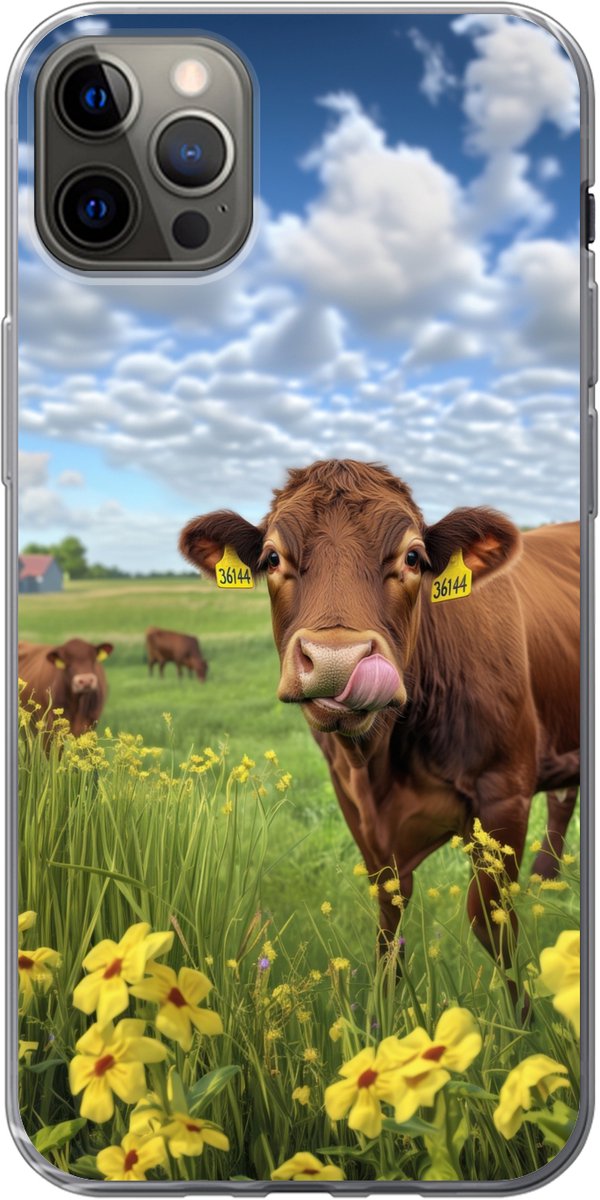 Telefoonhoesje Geschikt voor iPhone 13 Pro Max hoesje - Koe - Weide - Bloemen - Siliconen Telefoonhoesje Telefoonhoesje