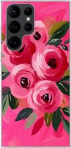 Telefoonhoesje Geschikt voor Samsung Galaxy S22 Ultra hoesje - Bloemen - Verf - Roze - Siliconen Telefoonhoesje Telefoonhoesje