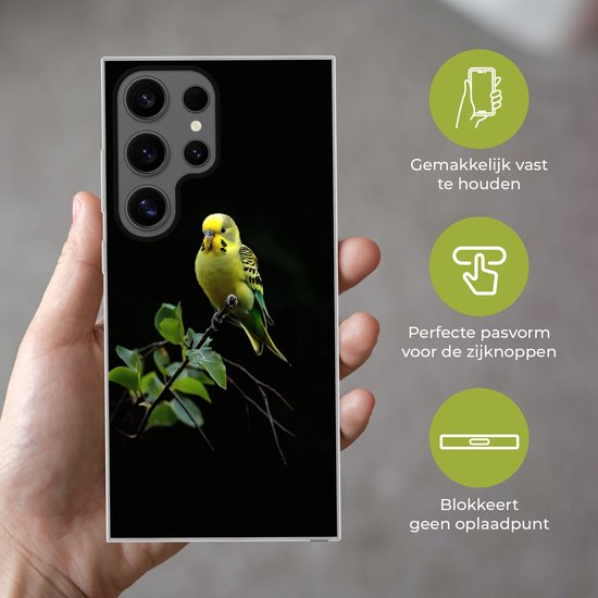 Telefoonhoesje Geschikt voor Samsung Galaxy S24 Ultra hoesje - Parkiet - Tak - Bladeren - Geel - Siliconen Telefoonhoesje Telefoonhoesje