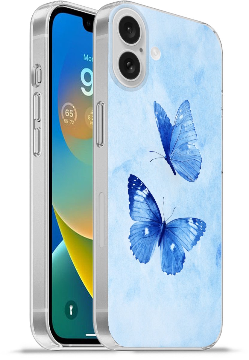 Telefoonhoesje Geschikt voor Apple Iphone 16 Plus hoesje - Vlinders - Sierlijk - Blauw - Siliconen Telefoonhoesje Telefoonhoesje