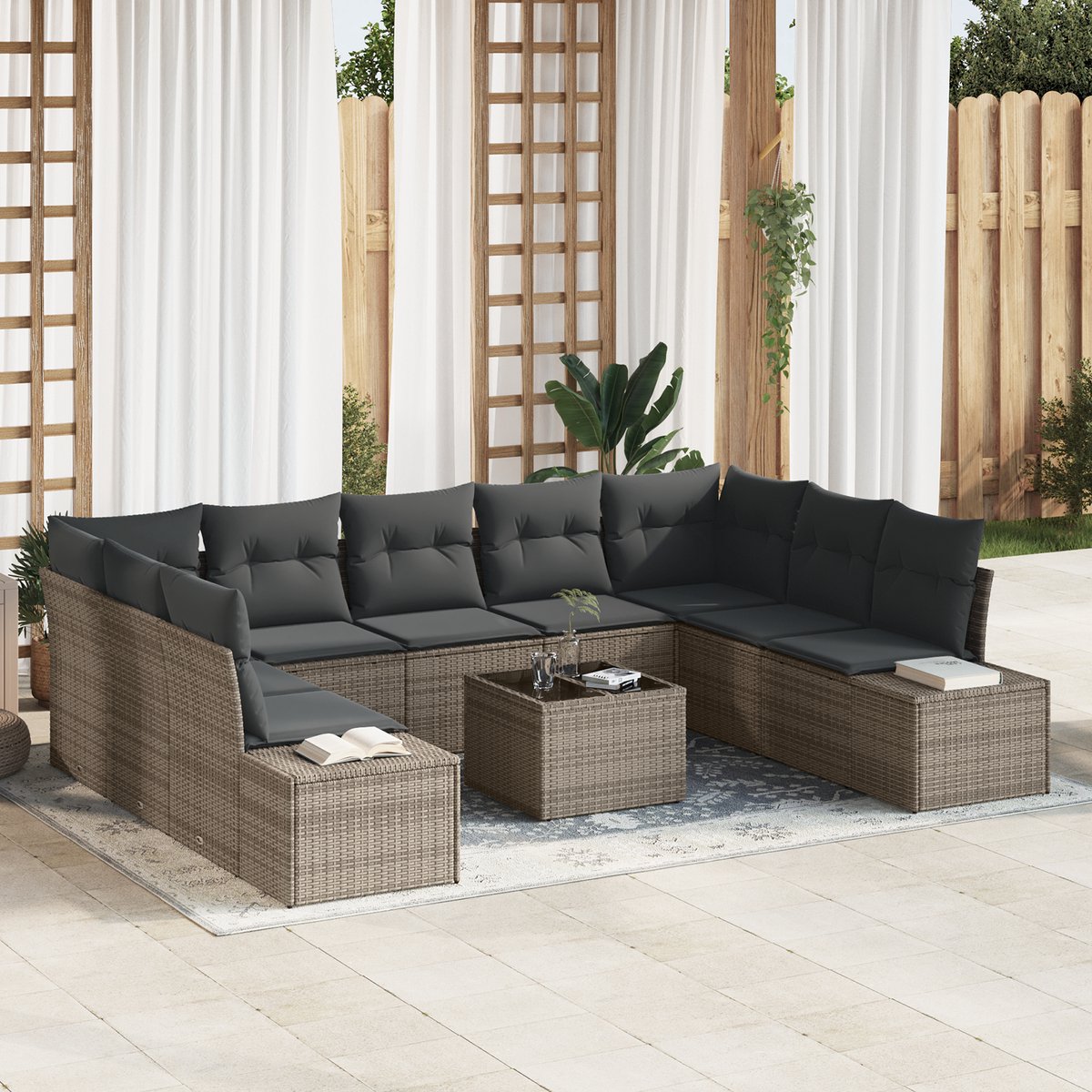 vidaXL - Tuinbank - Set - met - kussen - 9 - pcs - Grijs - Polyrattan