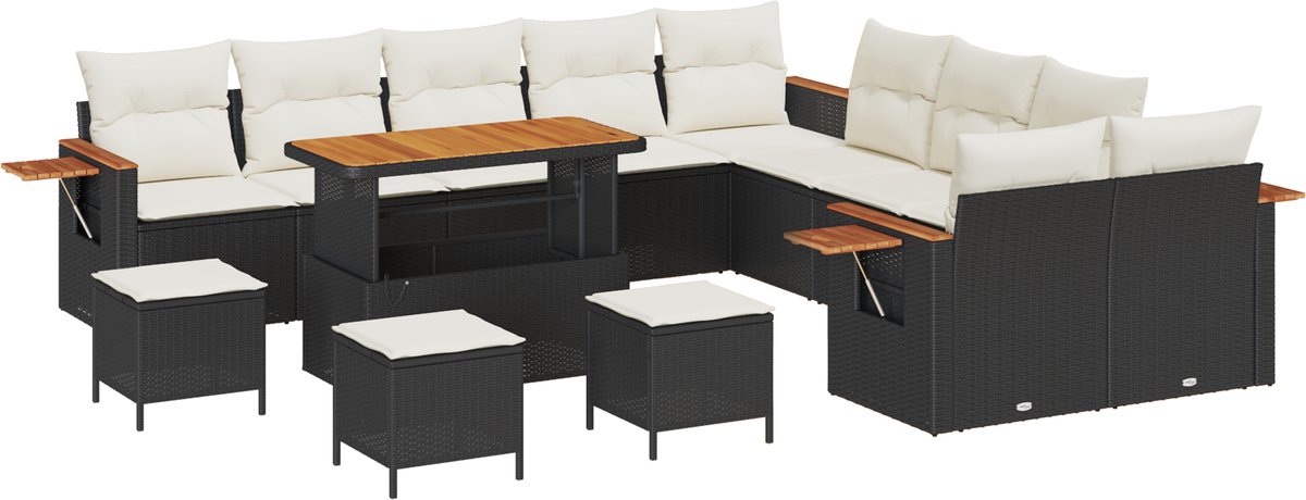 vidaXL - Tuinbank - Set - met - kussen - 18 - pcs - Zwart - en - Crème - poly - rattan