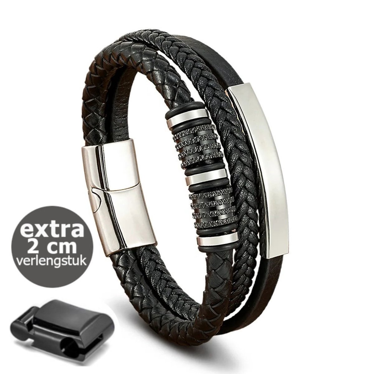 KHRONOX® Armband, Armband Heren, kh04 19 cm ZWART, Roestvrij Staal, Armbanden, Leren Armband Heren, Leren Armband, Leren Armbanden, Armbandje, Kunstleer, Mannen, Magnetische Sluiting, + 2 CM Verlengstuk, Verjaardag, Vaderdag Valentijnsdag, Cadeautje