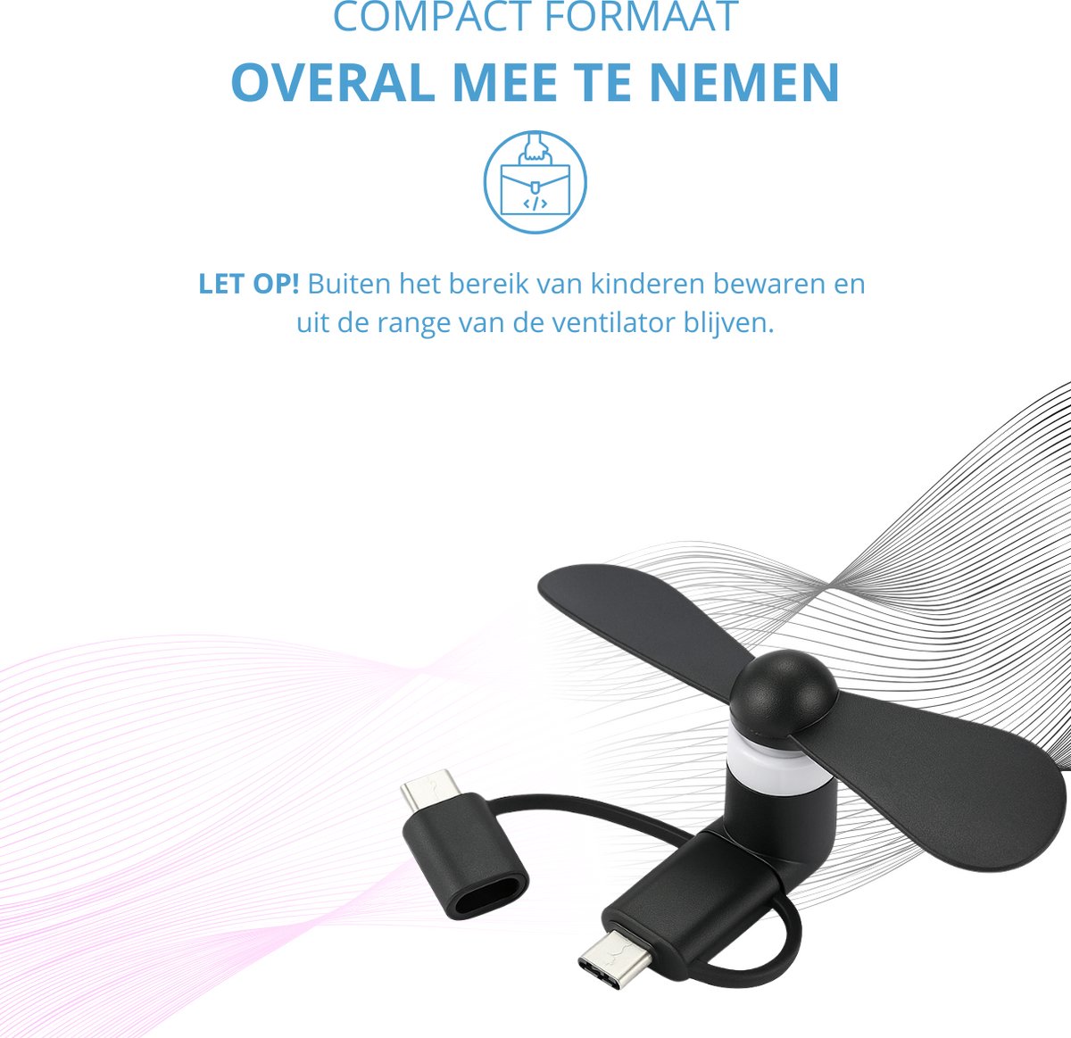 Twenty4seven® Mini Ventilator Set voor Smartphone - 3 Stuks - Handventilator - Draagbare Waaier Handwaaier - Hand Fan Draadloos - Geschikt voor USB-C, Micro-USB en Lightning — afbeelding 4