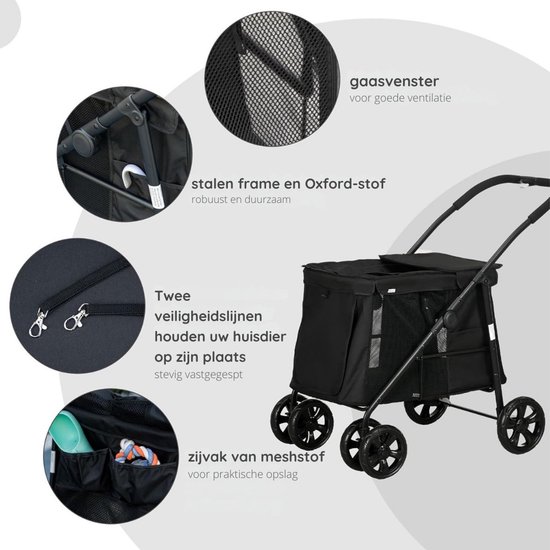 Thuys – Poussette de Luxe pour grand chien – Chariot pour chien jusqu'à 20 kg – Pliable – Poussette avec poches latérales – Poussette pour chien – Poussette grand espace de rangement – ​​Zwart
