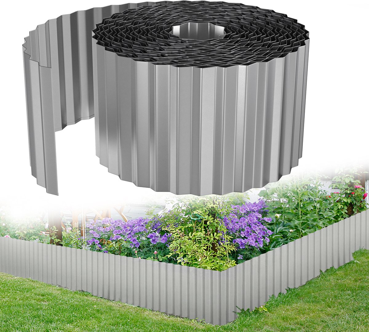 Flexibele Verzinkte Metaalen Gazonrand 10m (15cm hoog) - Golfvormige Perkbegrenzing - Zilver