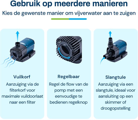 Drie aansluitingen voor een vijverpomp: vuilkorf, regelbaar en slangtule.