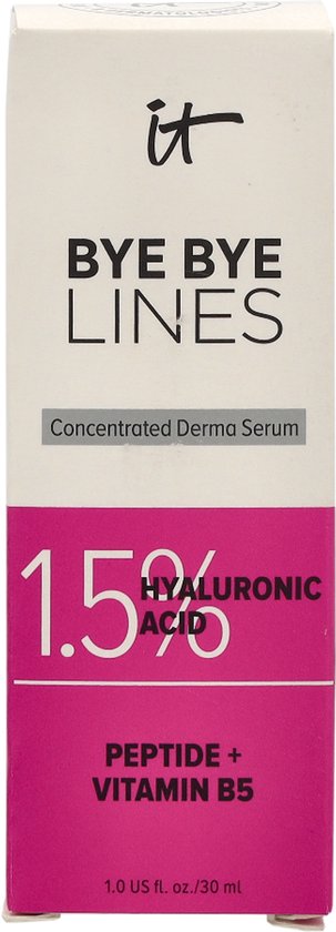 Doosje van 'it BYE BYE LINES' Concentrated Derma Serum. Bevat 1,5% hyaluronzuur, peptide + vitamine B5.