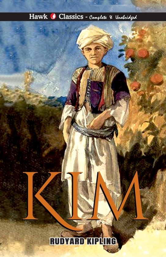 Couverture de livre avec un garçon en tenue traditionnelle, un turban blanc et un gilet coloré. Le titre 'KIM' est en gros caractères au premier plan.