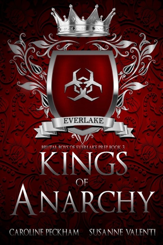 Boekomslag voor 'Kings of Anarchy', met een rood patroon, een schild met een biohazard symbool, een kroon en de titel.