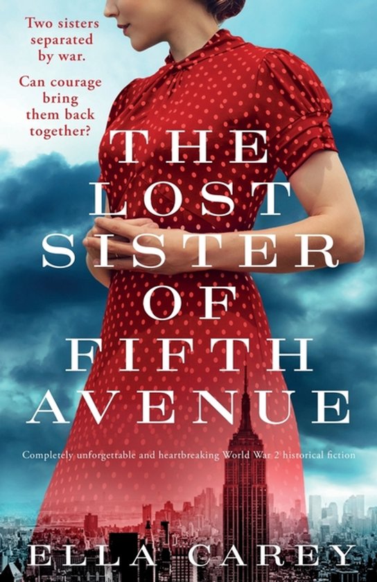 Boekcover met rode jurk met stippen en New York skyline. Titel: The Lost Sister of Fifth Avenue.