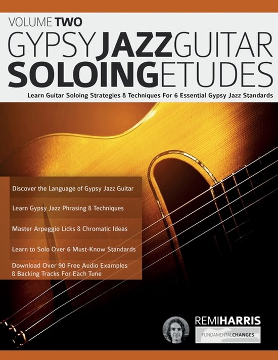 Livre "Gypsy Jazz Guitar Soloing Etudes - Volume Two" avec des détails de guitare.