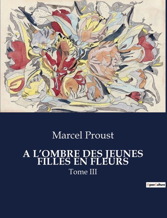 Boek 'A l'Ombre Des Jeunes Filles En Fleurs' van Marcel Proust, met abstracte bloemenillustratie in rood, geel en blauw.