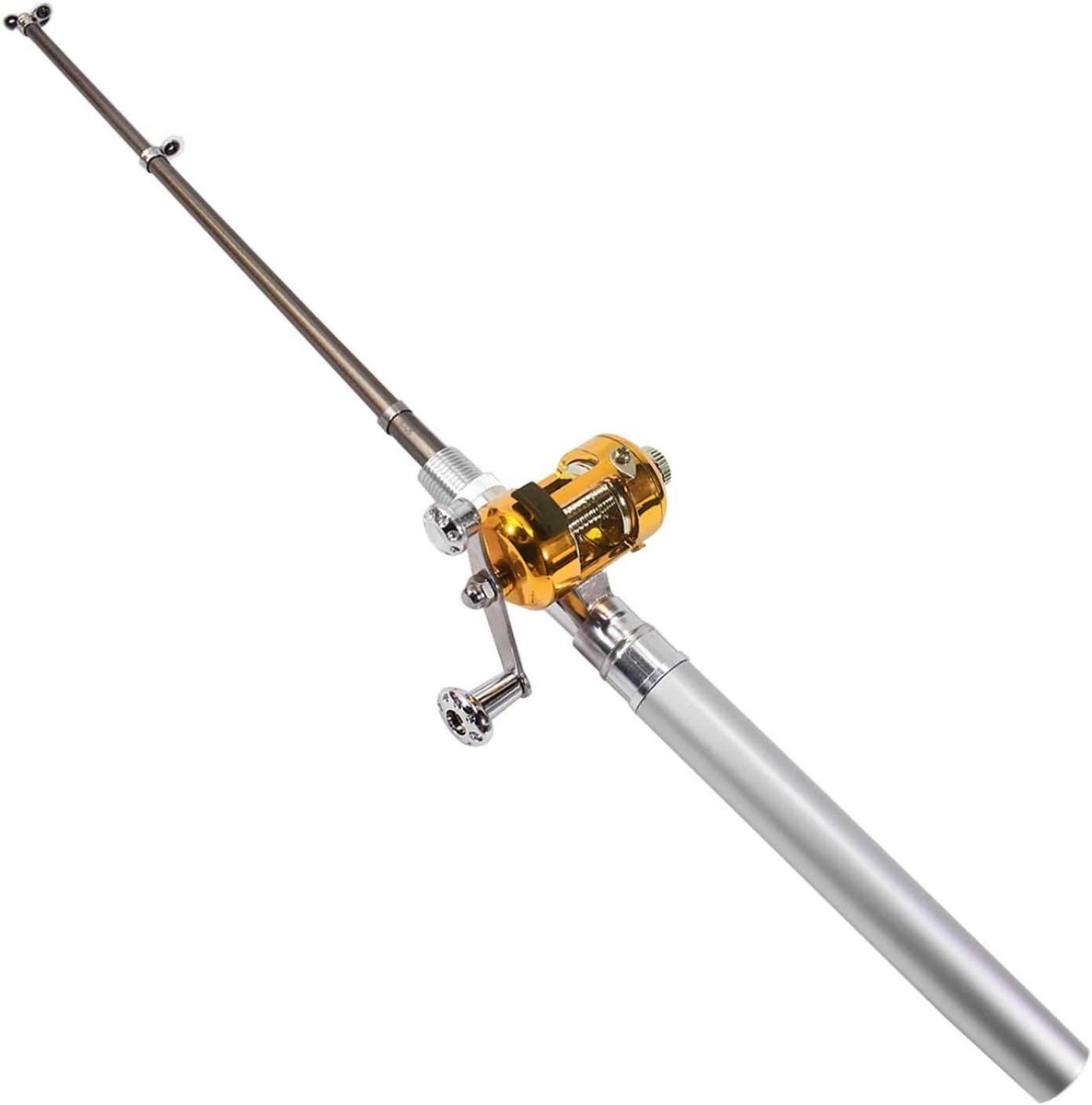 Mini-hengel met gouden vismolen in een zilveren pen.