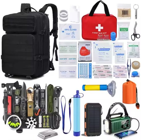 Foto: Noodpakket voor thuis geadviseerd door overheid noodsituaties stroomuitval oorlog water gas uitval waterfilter powerbank noodradio ehbo set survival set solar gasmasker slaapzak rampenrugzak zaklamp