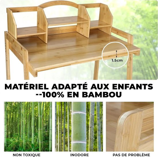 Photos détaillées d'un bureau en bois, avec des images de bambou et des gros plans sur les bords lisses et les fixations.