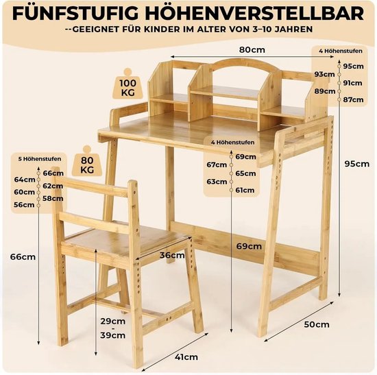 Dimensions d'un bureau et d'une chaise en bois, avec des hauteurs indiquées pour différents niveaux.