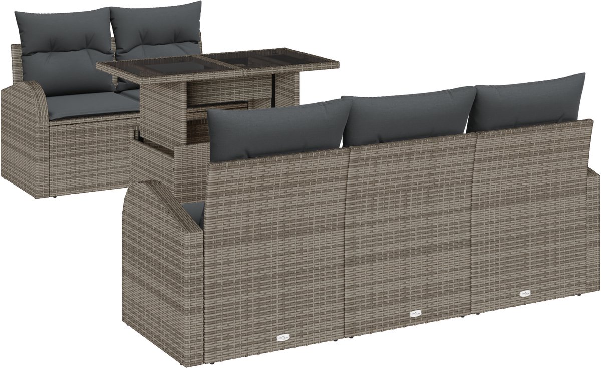 vidaXL - Tuinbank - Set - met - kussen - met - kussen - 6 - pcs - Grijs - Poly - Riet