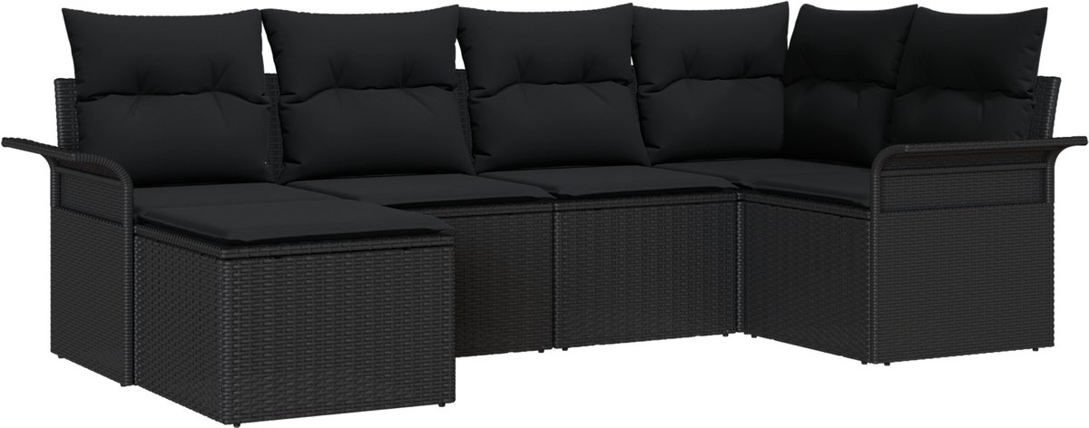 vidaXL - Tuinbank - Set - met - kussen - 6 - pcs - Zwart - poly - rattan