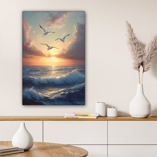 Tableau sur toile 60x90 cm - Décoration murale exclusive Mouettes - Coucher de soleil - Mer - Nuages ​​- Décoration murale salon - Décoration chambre - Accessoires chambre - Peintures sur toile