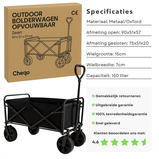 Cheqo® Opvouwbare Bolderwagen - Bolderkar Opvouwbaar - Metaal - Strand en Vakantie - Strandkar - Grote Wielen van Cheqo — afbeelding 4