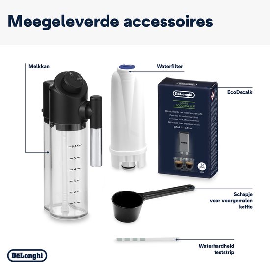 Accessoires voor de DeLonghi volautomaat: melkkan, waterfilter, ontkalker en schepje.