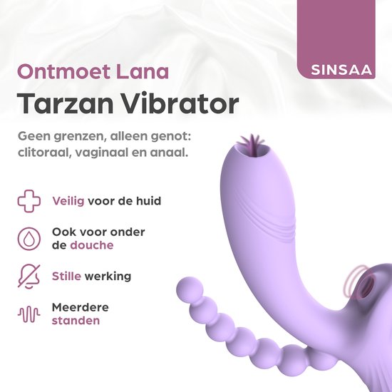 Paarse vibrator, 23cm lang, met kralen. "Ontmoet Lana Tarzan Vibrator". Veilig voor de huid, voor onder de douche, stille werking, meerdere standen.