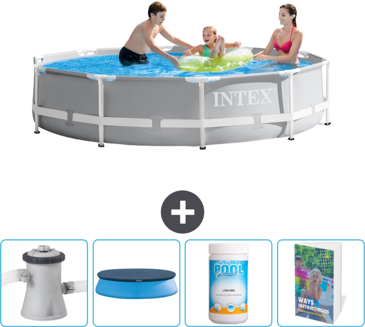 Intex Rond Prism Frame Zwembad – 305 x 76 cm – Grijs – Inclusief Pomp Afdekzeil – Chloor – Zwembadgids
