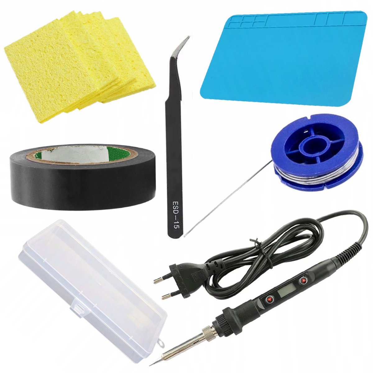 Rosfix Soldeerset OC80W – Soldeerbout 80W met Display + Siliconen Mat 30x20 cm + Reinigingsspons + Soldeertin 0,8 mm/10 g + Gebogen Pincet + Zwarte Isolatietape + Kunststof Opbergdoos