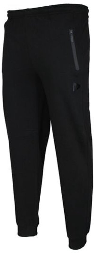Zwarte joggingbroek voor heren, van voren gezien, met ritszak en logo.