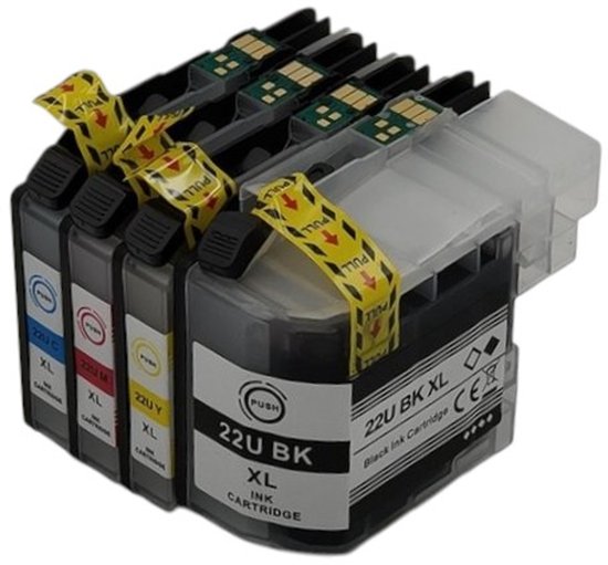 KATRIZ® huismerk inkt voor Brother printer model DCP-J785 / MFC J 985 |1x LC22U Zwart + 1x LC22U Cyaan + LC22U Magenta + 1x LC22U Geel | 4stuks |met Chip