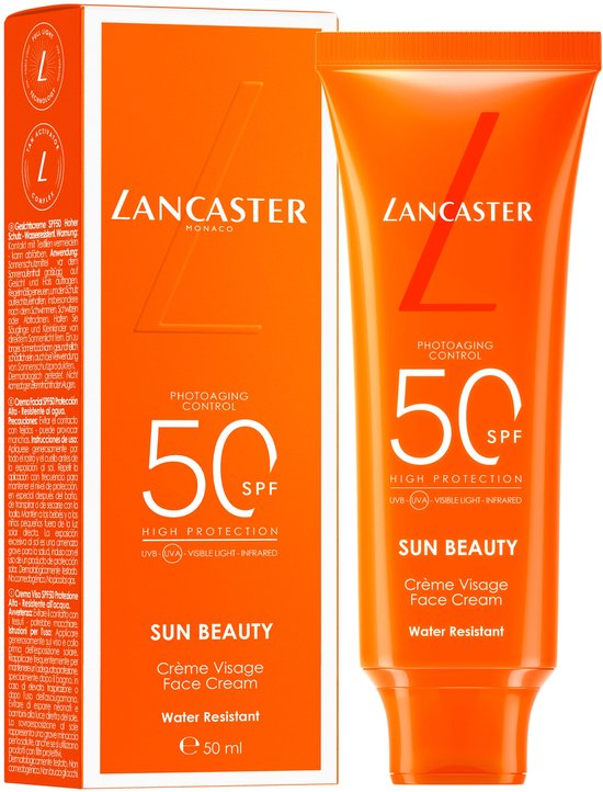 Lancaster Sun Beauty Face Cream SPF 50 tube en doosje. Met meertalige productinformatie.