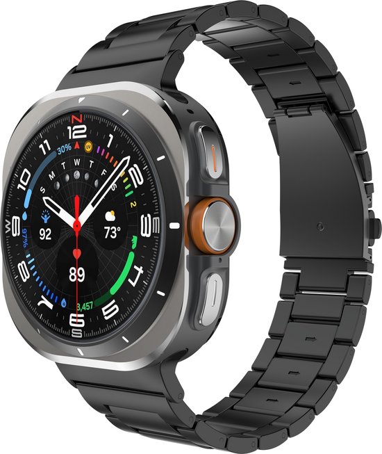 Samsung Galaxy Watch Ultra met een donkergrijze titanium horlogeband. Het horloge heeft een sportief display.