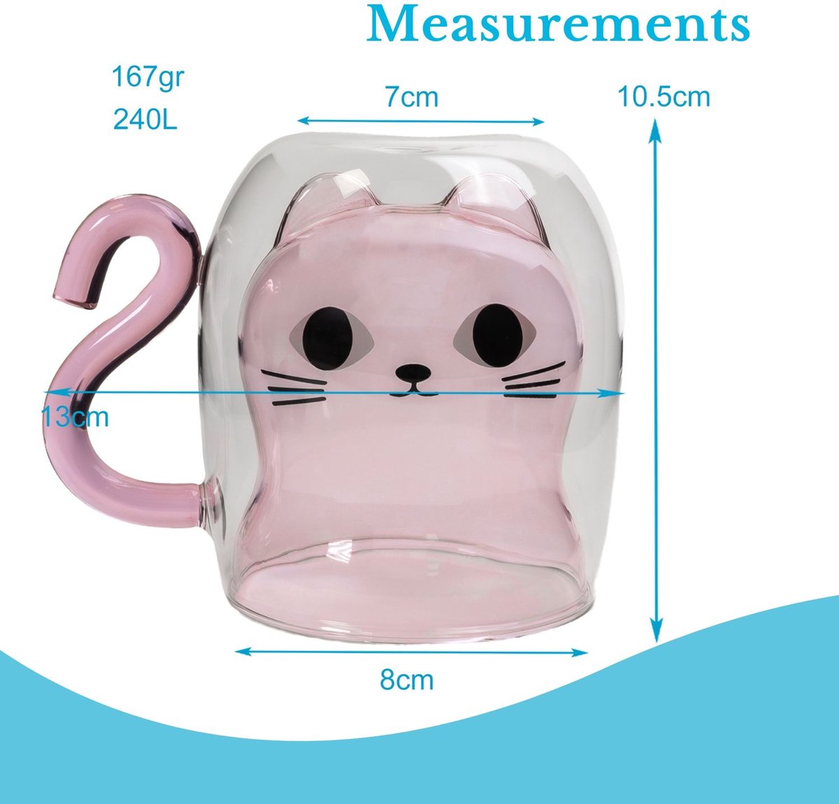 Intirilife thermo glas dubbelwandig met kat design in roze - 200ml inhoud - geïsoleerde glazen mok hittebestendig voor koude en warme dranken koffie kop thee kop drinkglas — cadeau in Koken & Dineren - foto 5