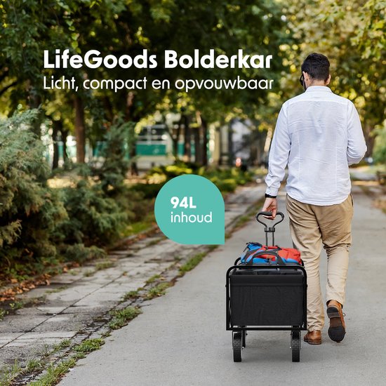 LifeGoods Bolderkar - Opvouwbaar - Draaibare wielen - 94L - 2 Standen - 70KG Draagkracht - Zwart