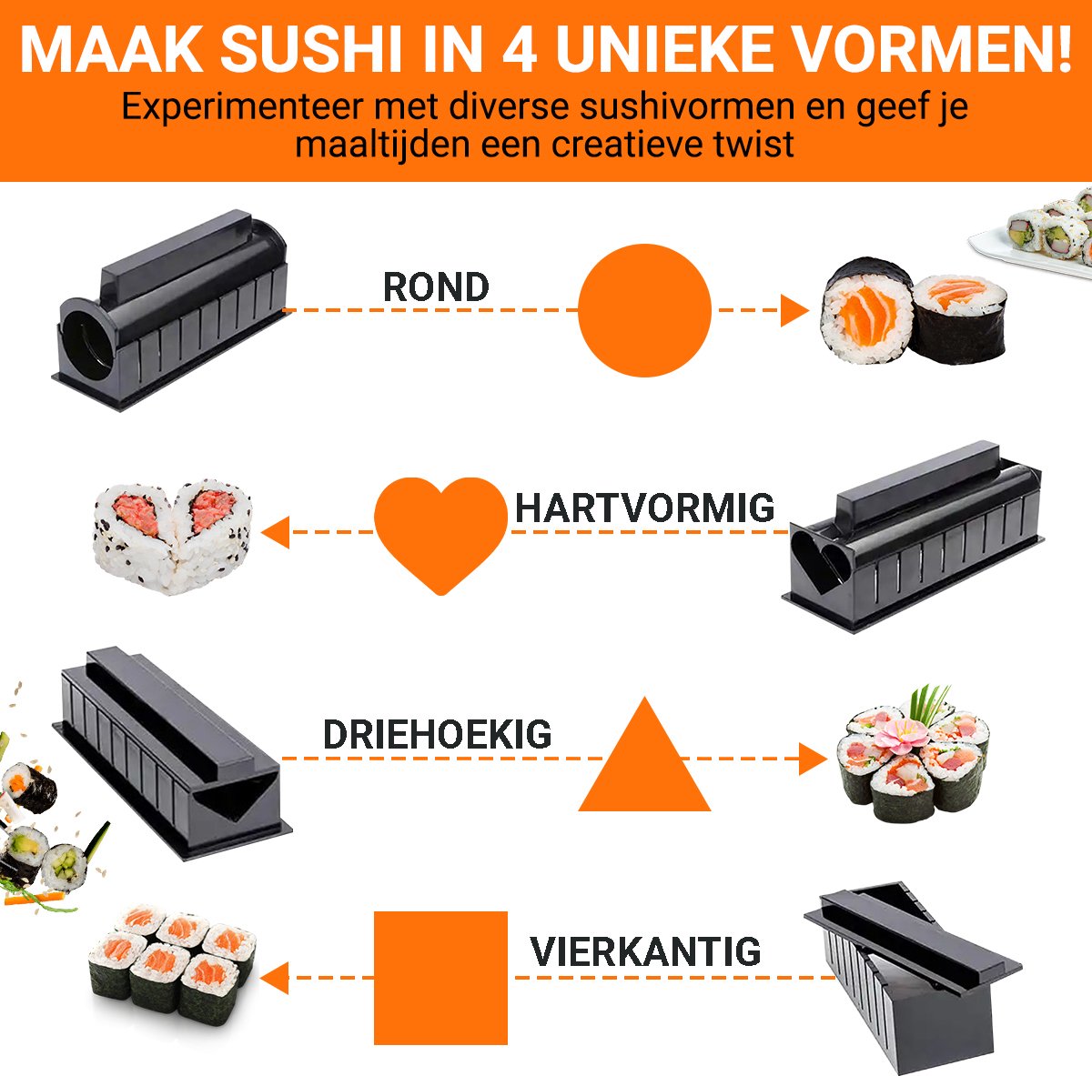 DenFatory 4-delige sushi-vormset, rijstballenvorm, multifunctionele sushi- maker, geschikt voor doe-het-zelf bazooka, maken beginnersset