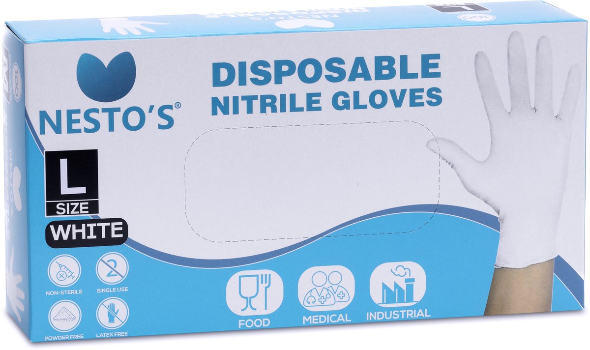 Nesto's Nitril Wegwerp Handschoenen 100 stuks - Latexvrij - Poedervrij - Niet steriel - Onderzoekshandschoenen - Medisch - Plastic - Maat L - Wit
