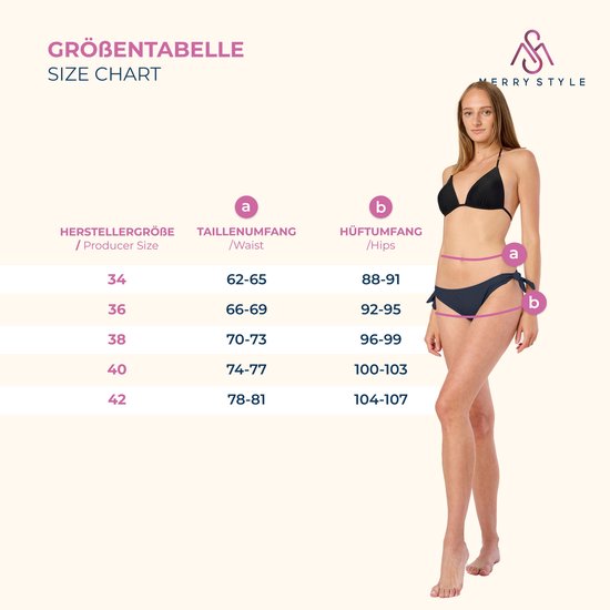 Tableau des tailles pour un bikini avec des illustrations des mesures de la taille et des hanches, et un mannequin.
