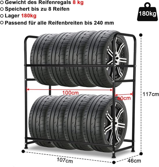 Ruimtebesparend Bandenrek voor 8 Banden - Draagvermogen 180 kg - Ideaal voor Garage en Kelder van Merkloos — afbeelding 2