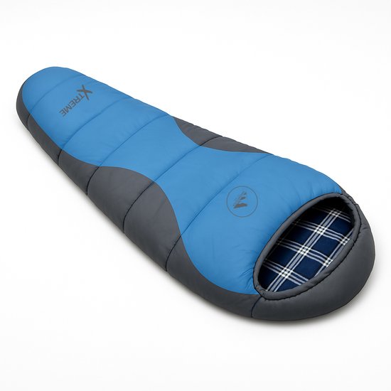 Sac de couchage momie HikeMeister ® Xtreme Blauw 1800 grammes ! avec doublure intérieure en coton, coupe-vent et col thermique