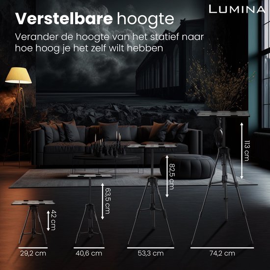 Verstelbare hoogtes van Lumina statief, van 42 cm tot 118 cm, met afmetingen.