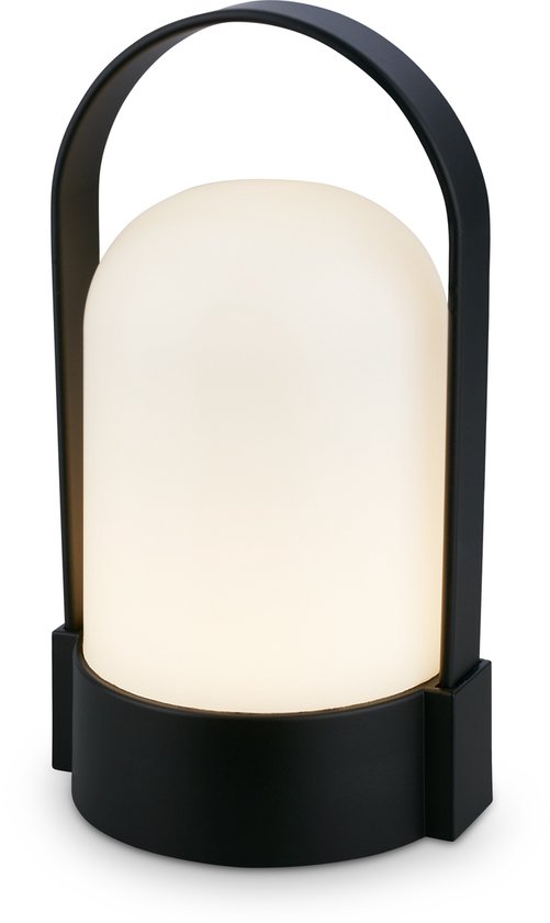 Lampe portable noire avec verre opale, sur fond blanc.