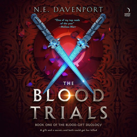 Boekomslag 'The Blood Trials' met gekruiste blauwe zwaarden tegen een donkerrode, bewerkte achtergrond met bloemblaadjes.