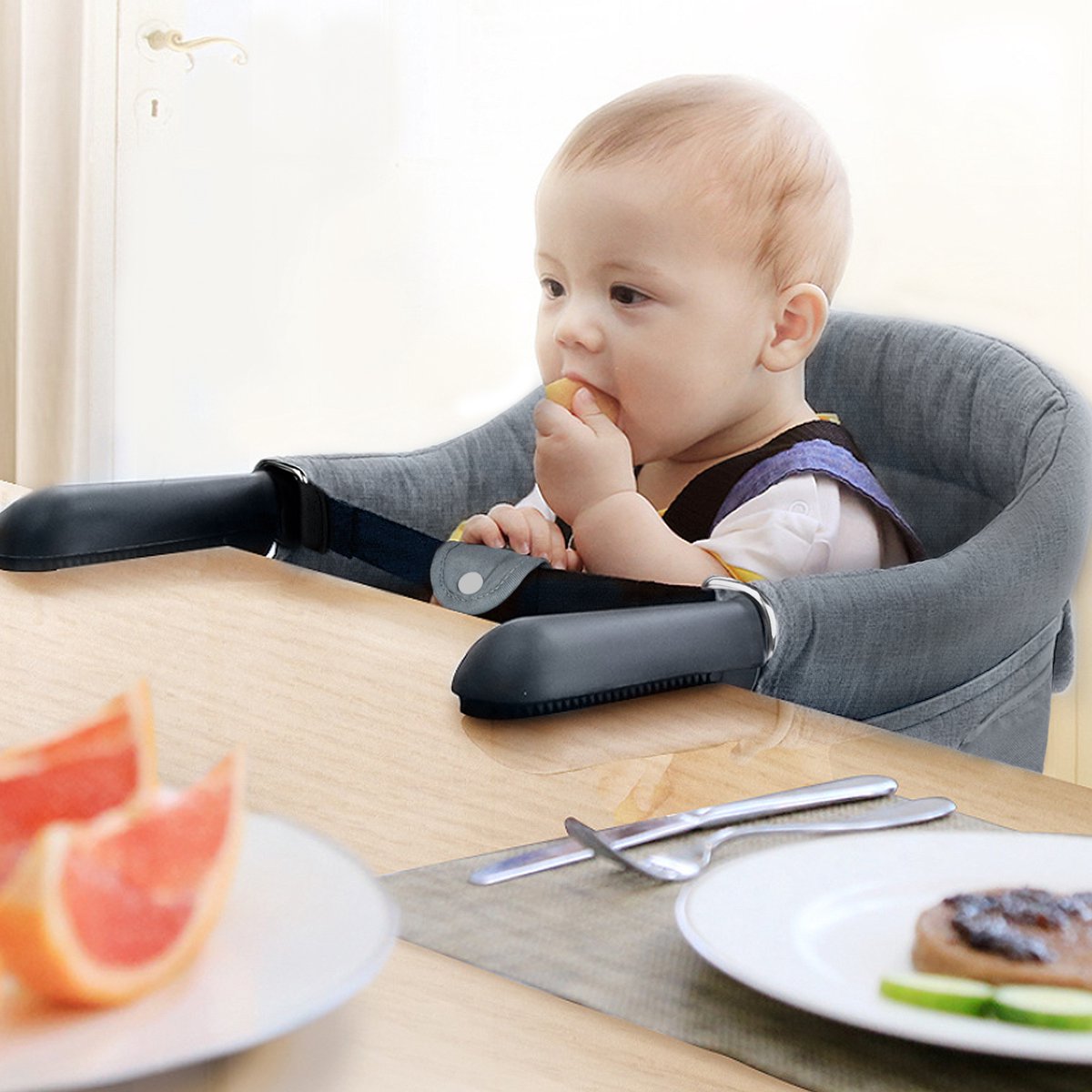 NAIZY Tafelstoel Baby Grijs Booster Seat Kinderstoel Opvouwbaar met Antislip Handvat & Veiligheidsgordel & Opbergzakken Kinderstoel voor 2-8cm Dikke Tafel thumbnail 3