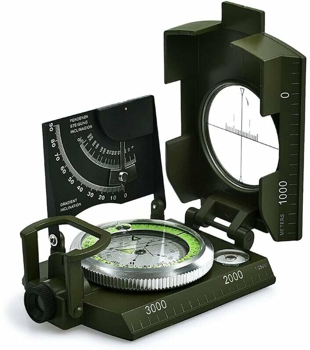Geschikt voor Professioneel militair kompas, IP65 waterdicht metalen kompas, fluorescerend vizierkompas, uitgerust met een hellingmeter, met draagtas voor avontuur/kamperen/oriëntatieloop