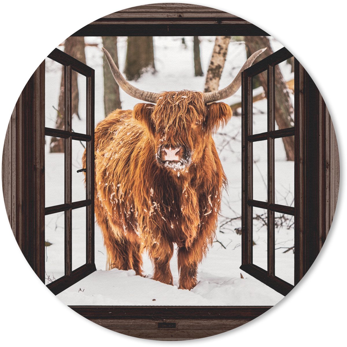 Muismat rond 40x40 cm - Mousepad Schotse Hooglander - Sneeuw - Natuur - Dieren - Doorkijk - Winter - Ronde muismatten