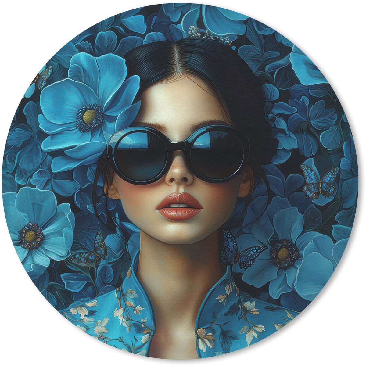 Muismat rond 20x20 cm - Mousepad Vrouw - Bloemen - Blauw - Aesthetic - Luxe - Ronde muismatten